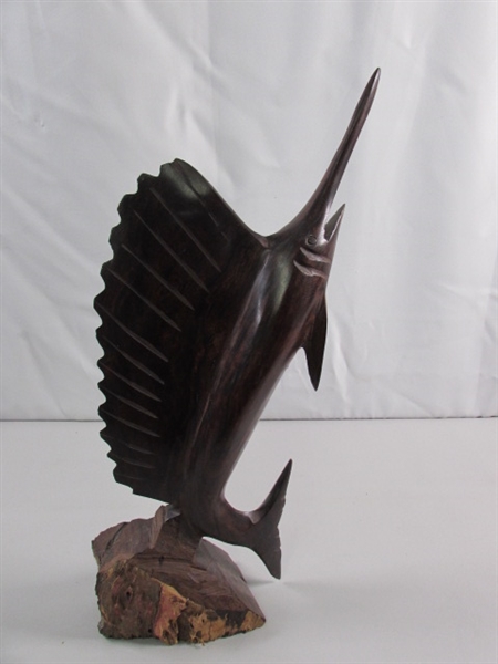 SWORDFISH & PELICAN CARVED IRONWOOD STATUES