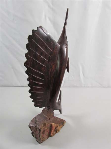 SWORDFISH & PELICAN CARVED IRONWOOD STATUES