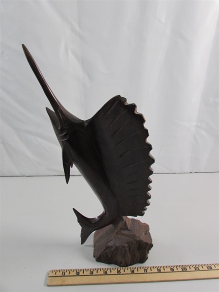 SWORDFISH & PELICAN CARVED IRONWOOD STATUES