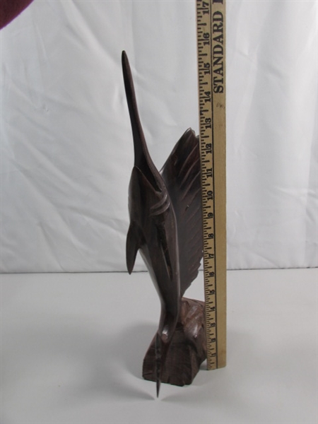 SWORDFISH & PELICAN CARVED IRONWOOD STATUES