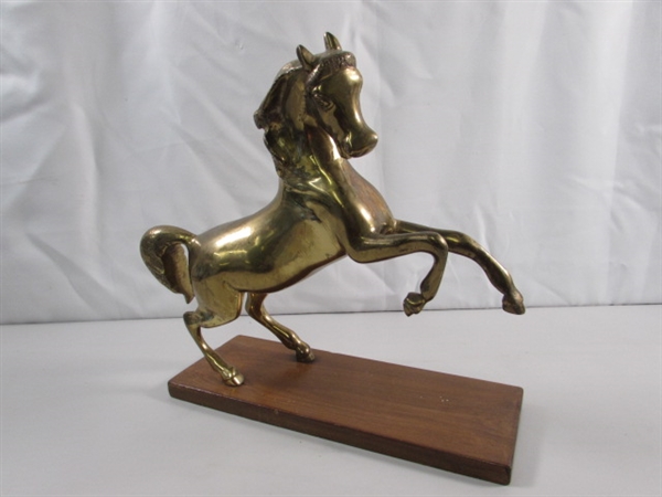 BRASS HORSE STATUE ON WOOD BASE