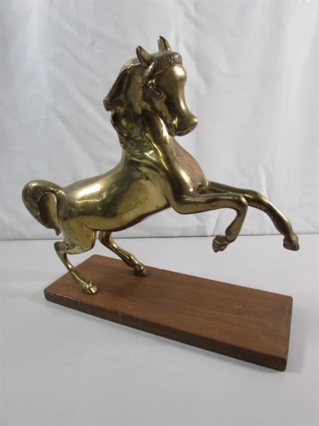 BRASS HORSE STATUE ON WOOD BASE