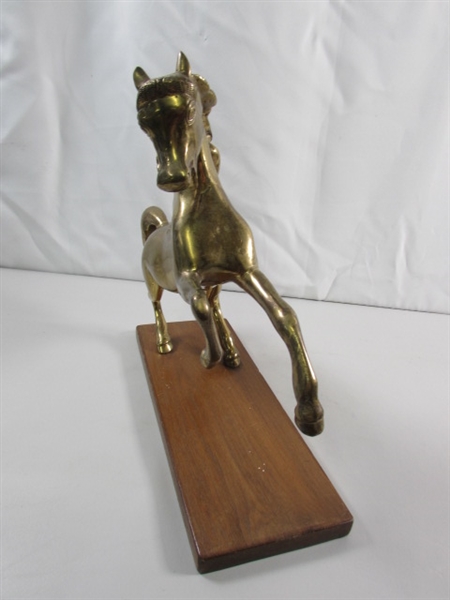 BRASS HORSE STATUE ON WOOD BASE