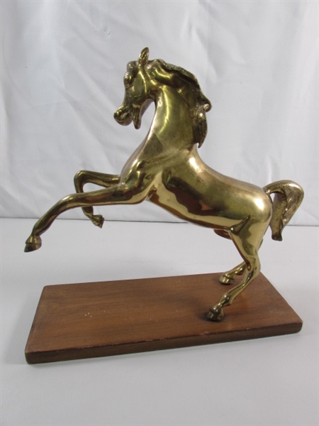 BRASS HORSE STATUE ON WOOD BASE