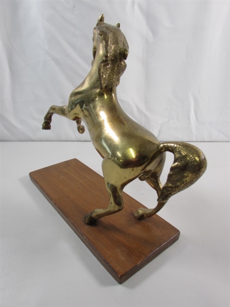 BRASS HORSE STATUE ON WOOD BASE