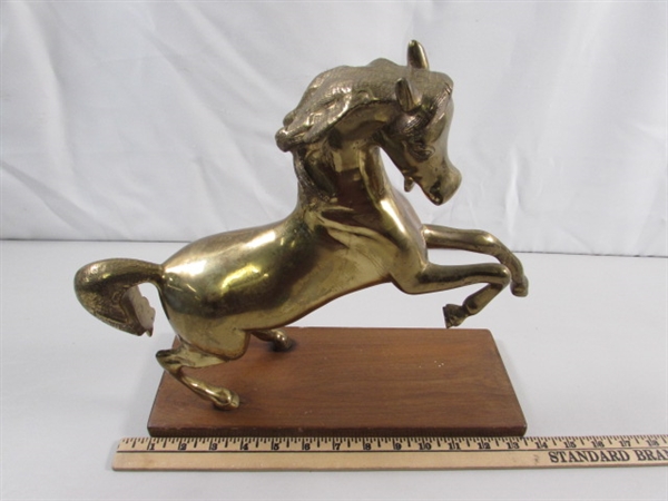 BRASS HORSE STATUE ON WOOD BASE