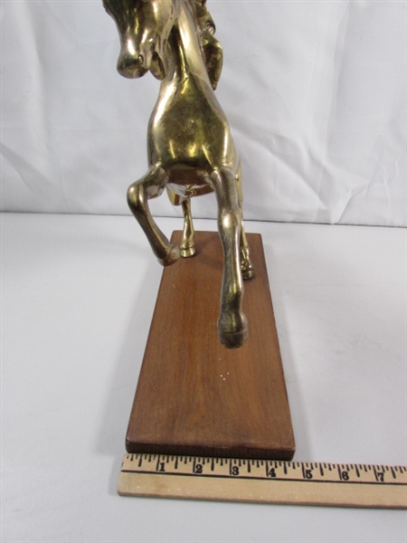 BRASS HORSE STATUE ON WOOD BASE