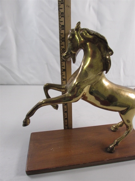 BRASS HORSE STATUE ON WOOD BASE