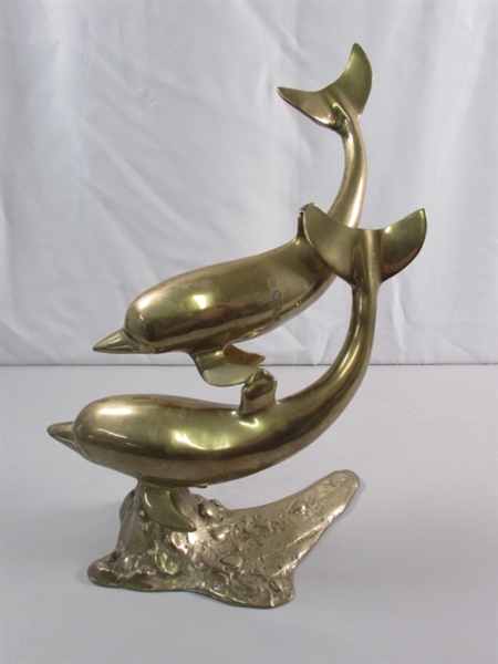 VINTAGE BRASS SCULPTURE OF 2 SWIMMING DOLPHINS