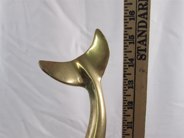 VINTAGE BRASS SCULPTURE OF 2 SWIMMING DOLPHINS