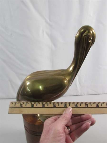 VINTAGE BRASS PELICAN SCULPTURE ON WOODEN POST