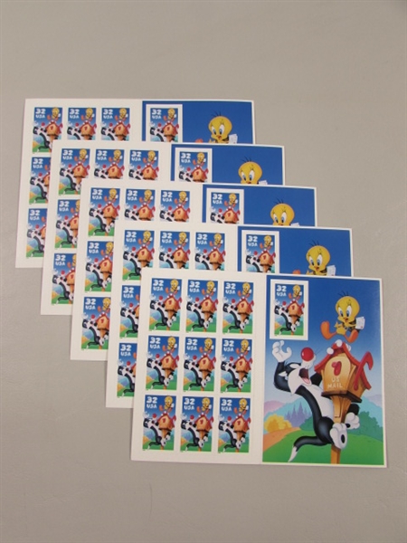 5 NEW SHEETS OF 32-CENT SYLVESTER/TWEETY POSTAGE STAMPS - SELF ADHESIVE