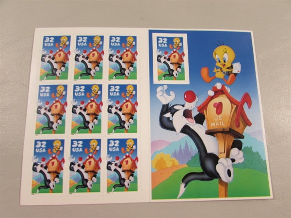 5 NEW SHEETS OF 32-CENT SYLVESTER/TWEETY POSTAGE STAMPS - SELF ADHESIVE