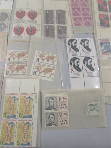 VINTAGE COLLECTORS POSTAGE STAMP BLOCKS MOST IN GLASSINE ENVELOPES