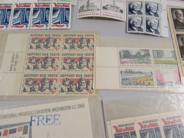 VINTAGE COLLECTORS POSTAGE STAMP BLOCKS MOST IN GLASSINE ENVELOPES