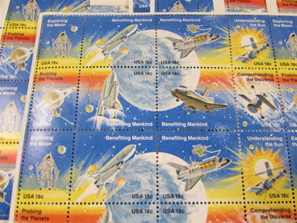 11 SHEETS OF 18 CENT GUMMED POSTAGE STAMPS - SPACE EXPLORATION