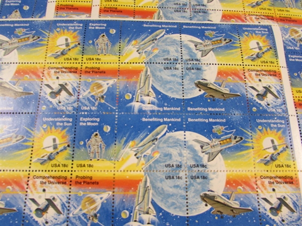 11 SHEETS OF 18 CENT GUMMED POSTAGE STAMPS - SPACE EXPLORATION