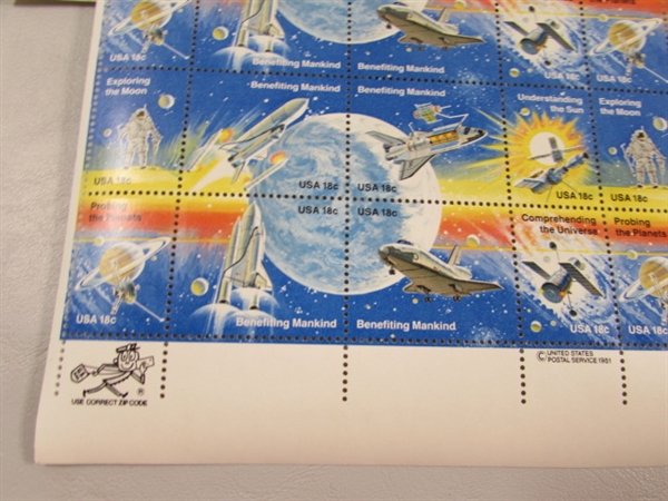 11 SHEETS OF 18 CENT GUMMED POSTAGE STAMPS - SPACE EXPLORATION