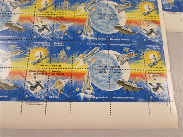 11 SHEETS OF 18 CENT GUMMED POSTAGE STAMPS - SPACE EXPLORATION