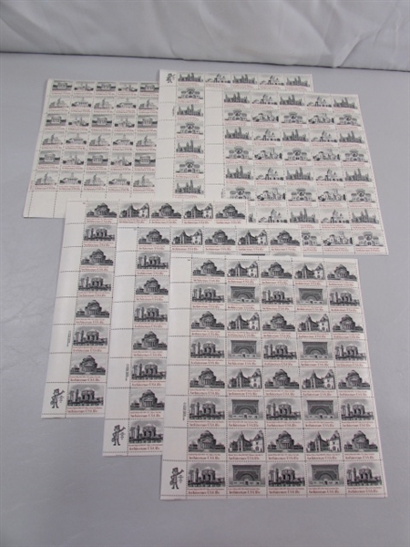 6 SHEETS OF 15 & 18 CENT ARCHITECTURE GUMMED POSTAGE STAMPS