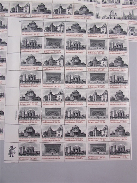 6 SHEETS OF 15 & 18 CENT ARCHITECTURE GUMMED POSTAGE STAMPS