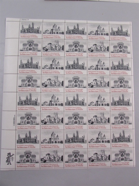 6 SHEETS OF 15 & 18 CENT ARCHITECTURE GUMMED POSTAGE STAMPS