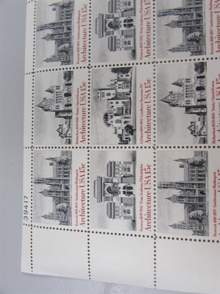 6 SHEETS OF 15 & 18 CENT ARCHITECTURE GUMMED POSTAGE STAMPS