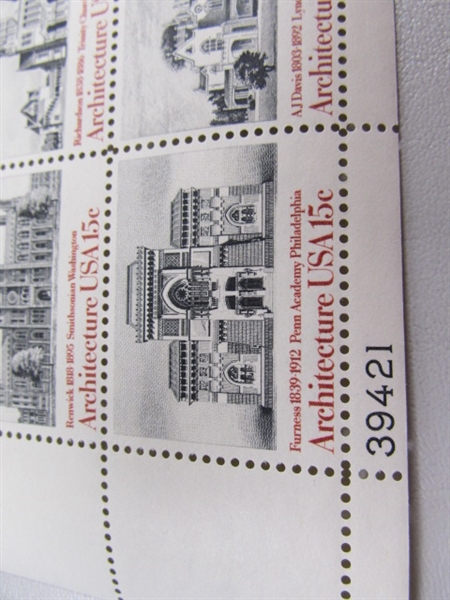 6 SHEETS OF 15 & 18 CENT ARCHITECTURE GUMMED POSTAGE STAMPS