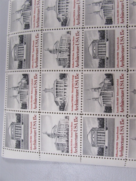 6 SHEETS OF 15 & 18 CENT ARCHITECTURE GUMMED POSTAGE STAMPS