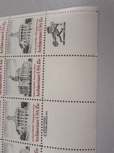 6 SHEETS OF 15 & 18 CENT ARCHITECTURE GUMMED POSTAGE STAMPS