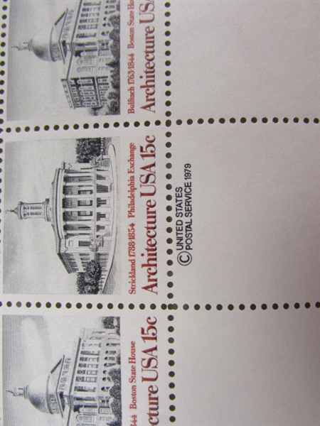 6 SHEETS OF 15 & 18 CENT ARCHITECTURE GUMMED POSTAGE STAMPS