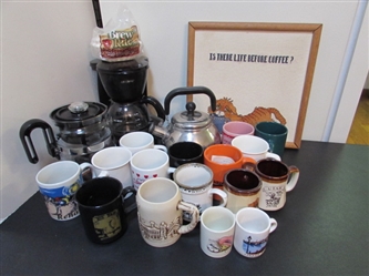 COFFEE MAKERS, TEA KETTLE, CUTE SIGN & MUGS