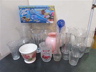ASSORTMENT OF GLASS & CRYSTAL VASES & AQUA GLOBES
