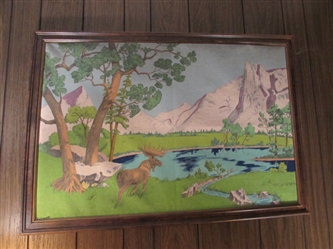 VINTAGE FRAMED "TRI-CHEM" PAINTING - LANDSCAPE WITH MOOSE