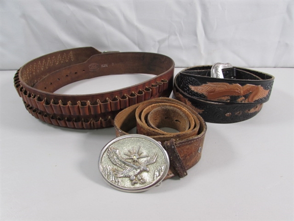 VINTAGE LEATHER AMMO BELT & 2 LEATHER BELTS W/BUCKLES