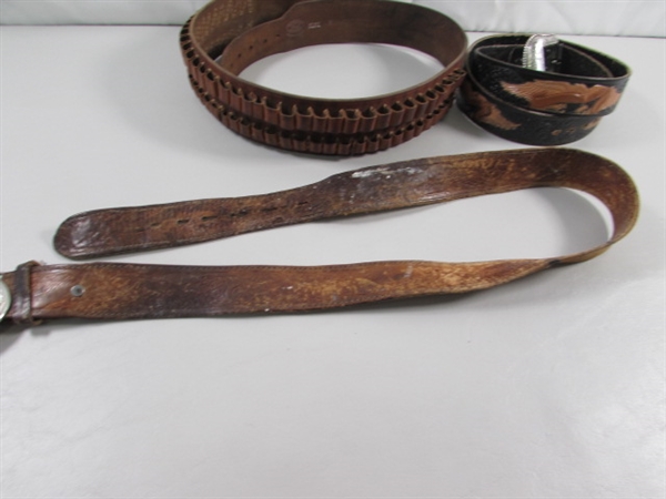 VINTAGE LEATHER AMMO BELT & 2 LEATHER BELTS W/BUCKLES