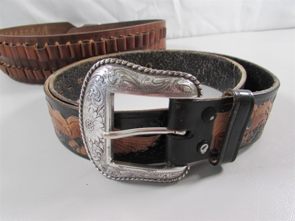 VINTAGE LEATHER AMMO BELT & 2 LEATHER BELTS W/BUCKLES