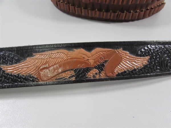 VINTAGE LEATHER AMMO BELT & 2 LEATHER BELTS W/BUCKLES
