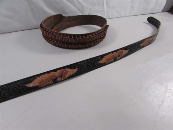 VINTAGE LEATHER AMMO BELT & 2 LEATHER BELTS W/BUCKLES