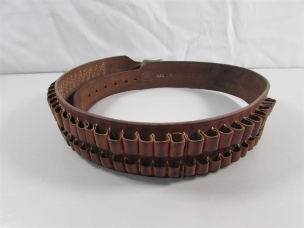 VINTAGE LEATHER AMMO BELT & 2 LEATHER BELTS W/BUCKLES