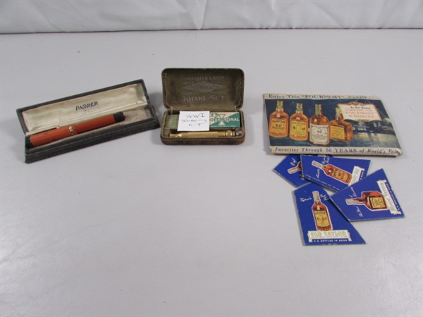 VINTAGE FOUNTAIN PEN, WWI ARMY ISSUE SHAVING KIT & WHISKEY PUZZLE