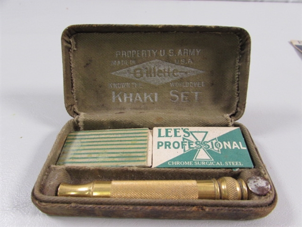 VINTAGE FOUNTAIN PEN, WWI ARMY ISSUE SHAVING KIT & WHISKEY PUZZLE