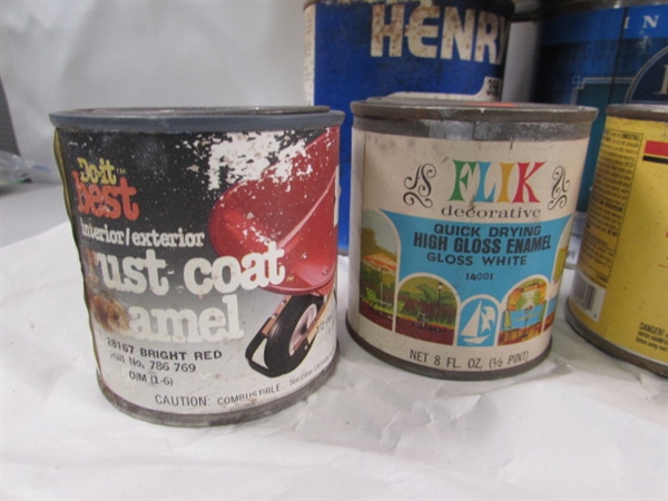 ASSORTED PARTIAL CANS OF PAINT, STAINS & MORE