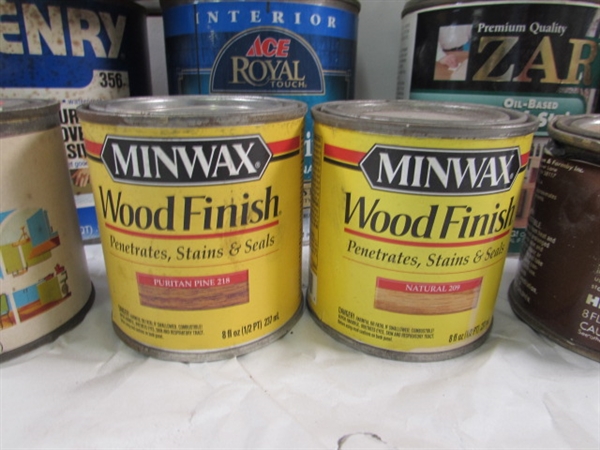 ASSORTED PARTIAL CANS OF PAINT, STAINS & MORE