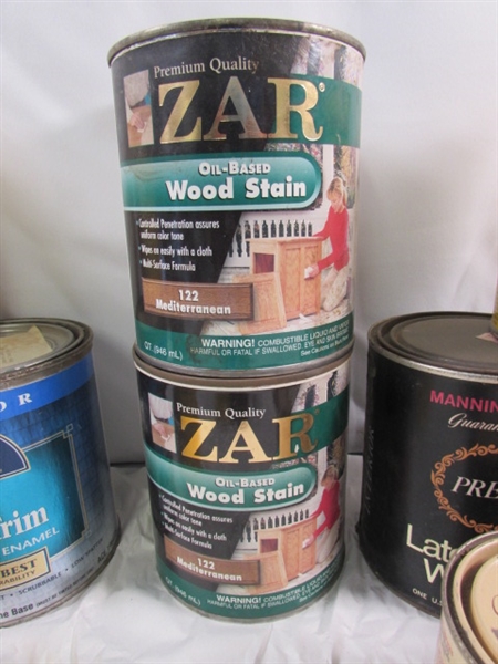 ASSORTED PARTIAL CANS OF PAINT, STAINS & MORE