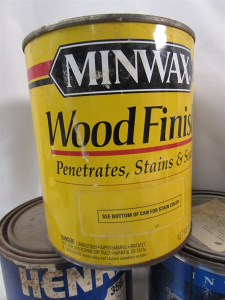 ASSORTED PARTIAL CANS OF PAINT, STAINS & MORE