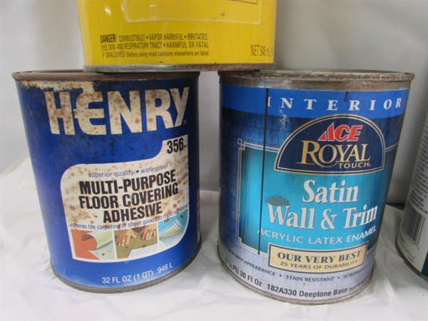 ASSORTED PARTIAL CANS OF PAINT, STAINS & MORE