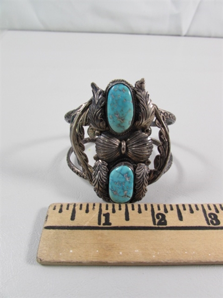 VINTAGE NAVAJO STERLING SILVER CUFF BRACELET WITH LARGE TURQUOISE STONES
