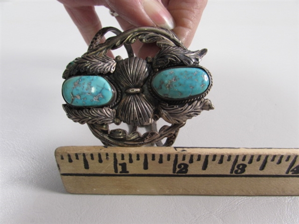VINTAGE NAVAJO STERLING SILVER CUFF BRACELET WITH LARGE TURQUOISE STONES