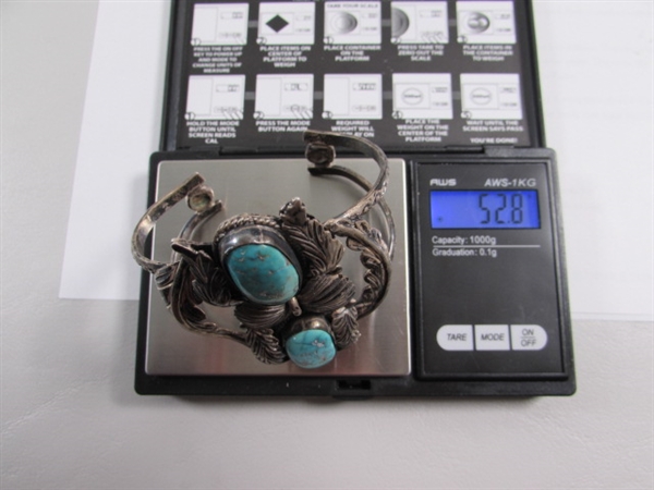 VINTAGE NAVAJO STERLING SILVER CUFF BRACELET WITH LARGE TURQUOISE STONES